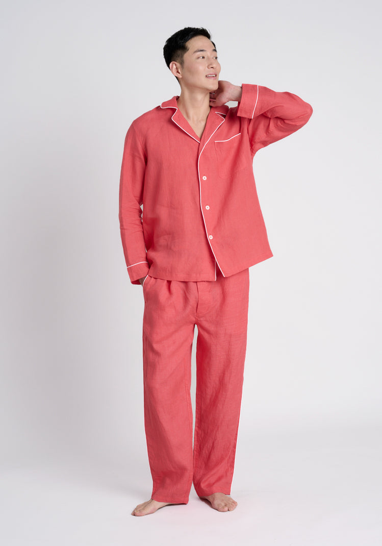 Milton Pajama Shirt in Washed Red Linen